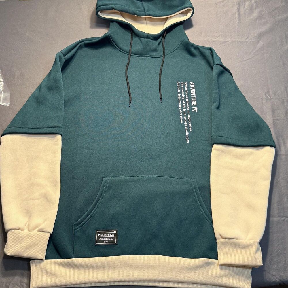 Popular Style Hoodie Mens Large Green Cream Adventure Graphic Pullover Kangaroo